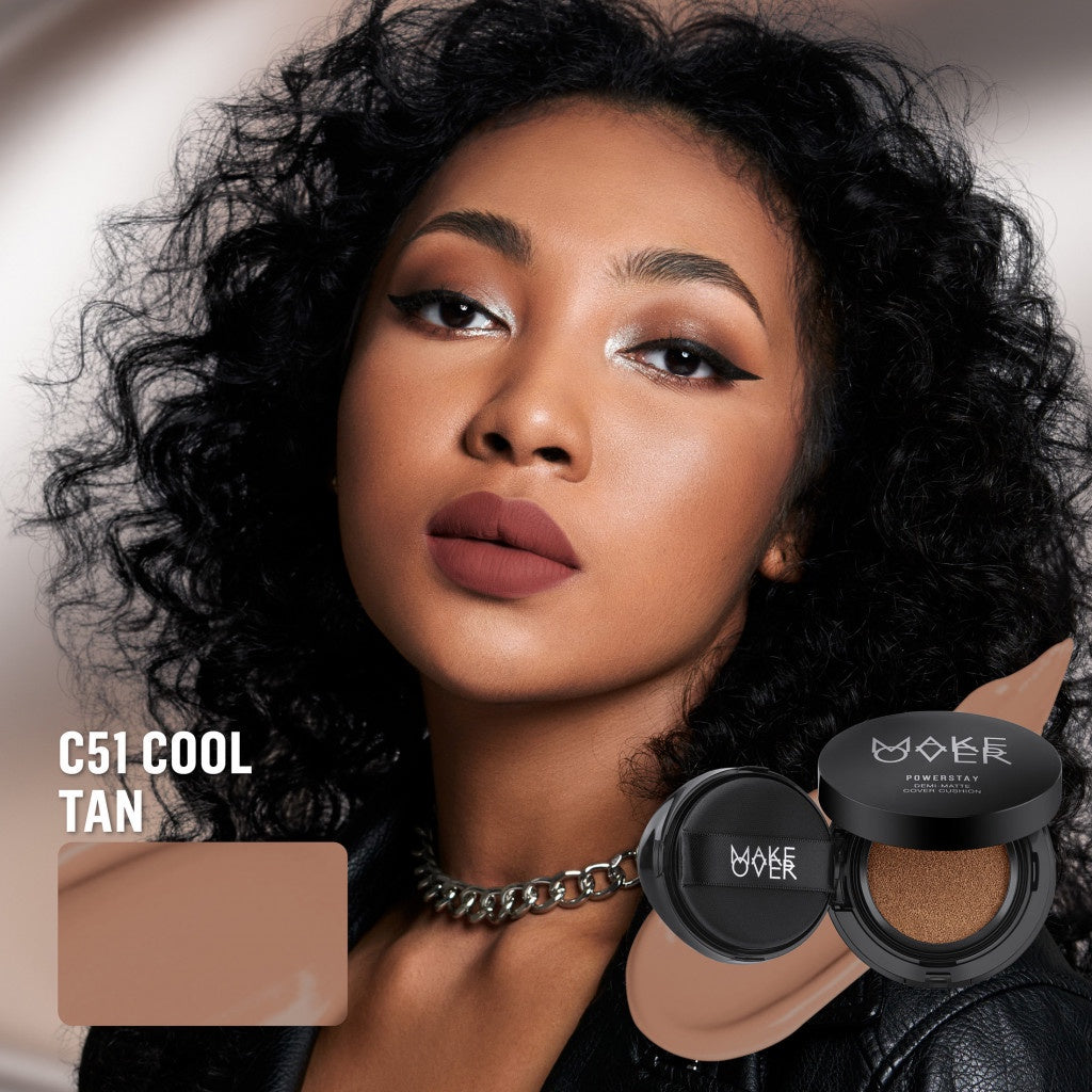 MAKE OVER Powerstay Demi-Matte Cover Cushion - Cushion Matte High Coverage Foundation Compact Ringan Oil Control Make Up Wajah Tahan Lama 24 Jam Non-Comedogenic BEST SELLER Concealer Make Up