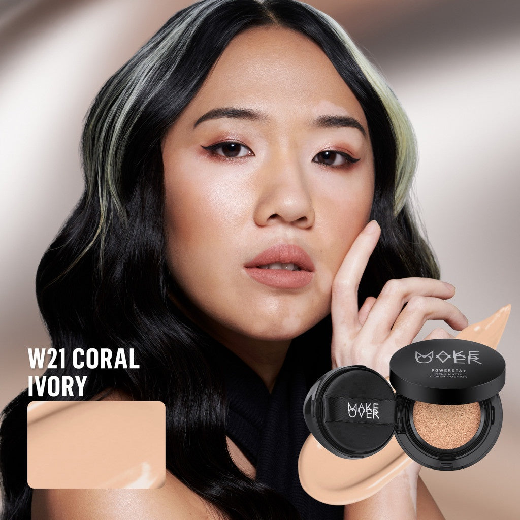 MAKE OVER Powerstay Demi-Matte Cover Cushion - Cushion Matte High Coverage Foundation Compact Ringan Oil Control Make Up Wajah Tahan Lama 24 Jam Non-Comedogenic BEST SELLER Concealer Make Up