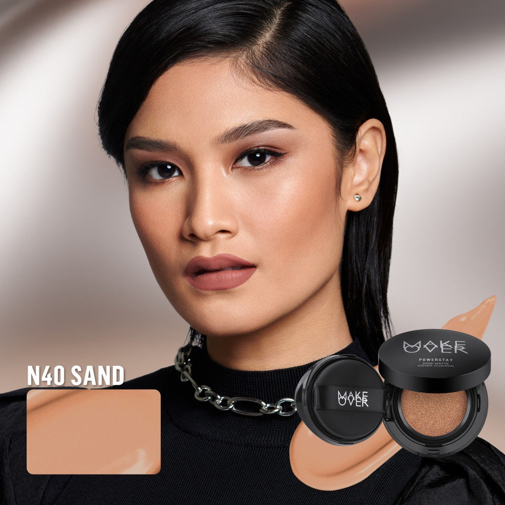 MAKE OVER Powerstay Demi-Matte Cover Cushion - Cushion Matte High Coverage Foundation Compact Ringan Oil Control Make Up Wajah Tahan Lama 24 Jam Non-Comedogenic BEST SELLER Concealer Make Up