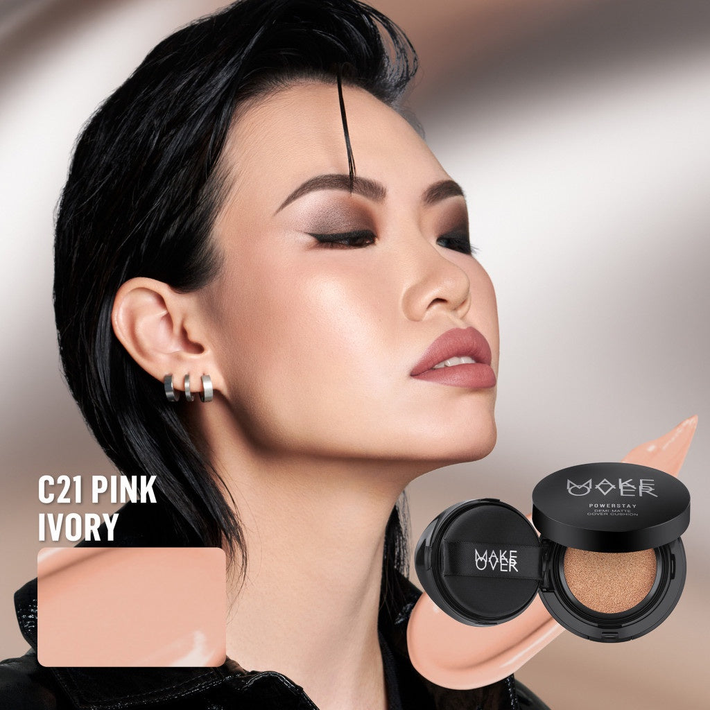 MAKE OVER Powerstay Demi-Matte Cover Cushion - Cushion Matte High Coverage Foundation Compact Ringan Oil Control Make Up Wajah Tahan Lama 24 Jam Non-Comedogenic BEST SELLER Concealer Make Up
