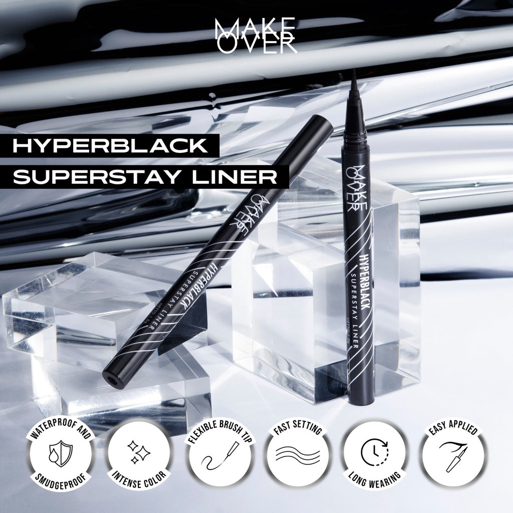 MAKE OVER Hyperblack Superstay Liner - Eyeliner BEST SELLER Hitam Pigmented Waterproof Smudgeproof Tahan Seharian Tidak Luntur untuk Daily Pesta Part Wing Liner