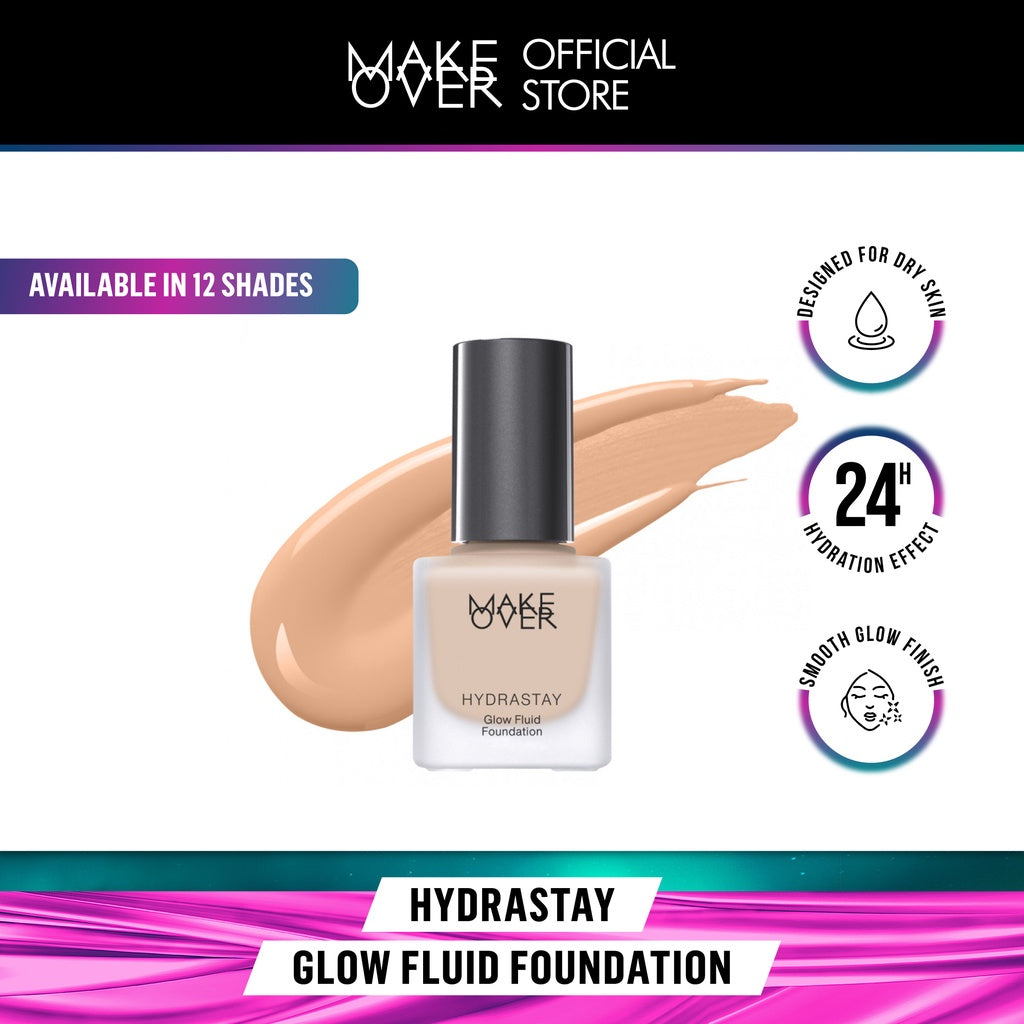 MAKE OVER Hydrastay Glow Fluid Foundation - Glow high coverage ringan poreless hydrating untuk makeup tahan lama non-comedogenic