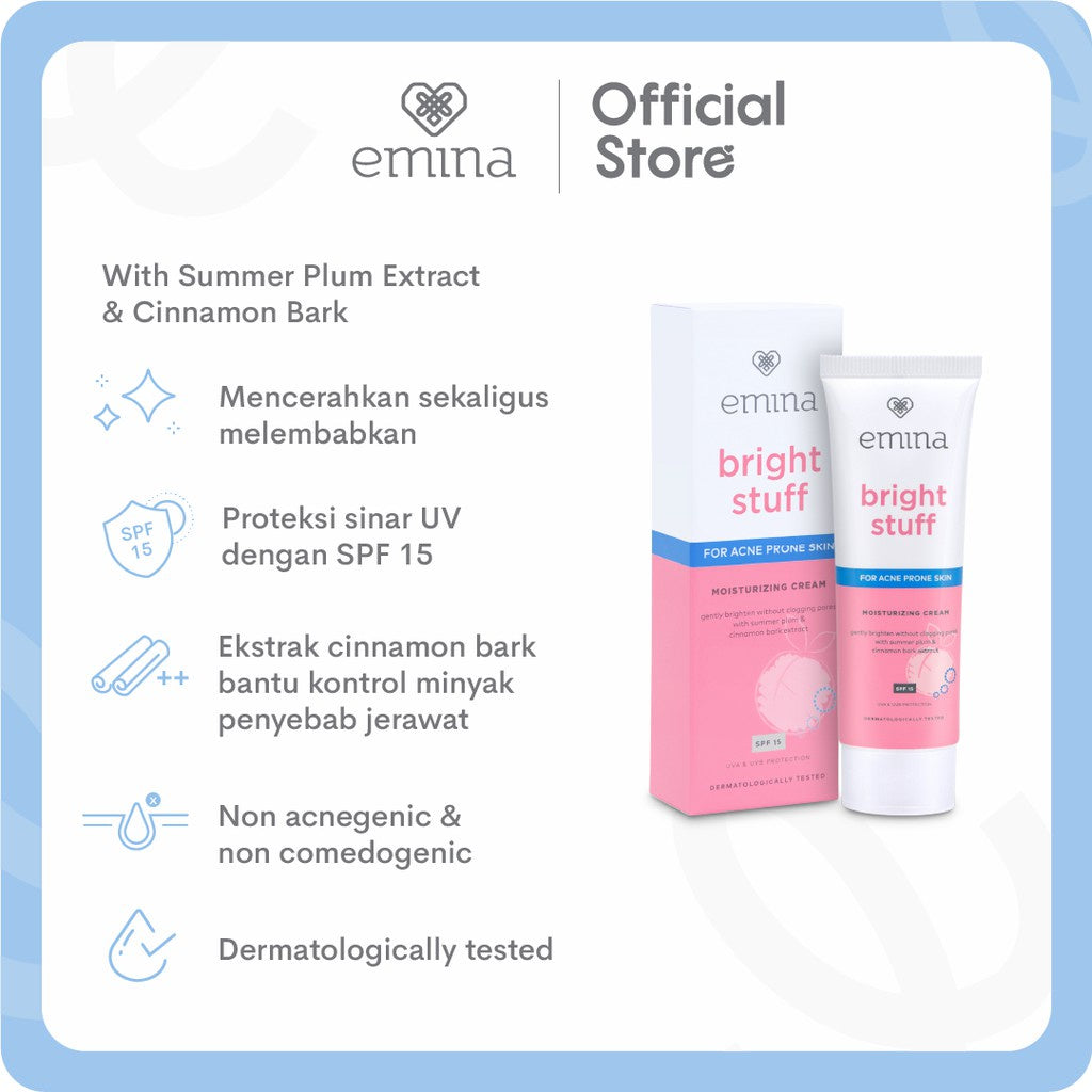 Emina Bright Stuff for Acne Prone Skin Moisturizing Cream 20 mL - Pelembab Mencerahkan Wajah dan Untuk Kulit Mudah Berjerawat