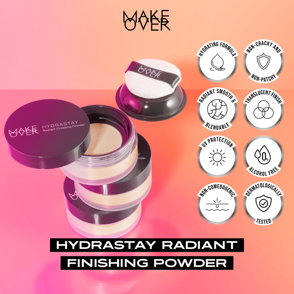 MAKE OVER Hydrastay Radiant Finishing Powder - Bedak tabur lembut ringan make up tahan lama hasil akhir glow hydrating tidak kering non-comedogenic
