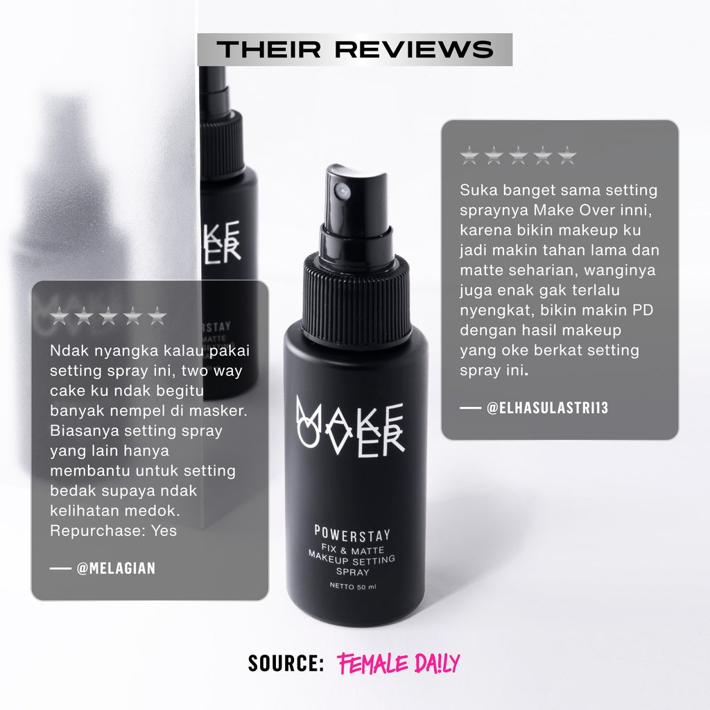 MAKE OVER Powerstay Fix & Matte Setting Spray - Makeup Tahan Lebih Lama Matte Finish Tidak Luntur Nyaman Makeup Tidak Lengket Ringan Hasil Matte Non-Comedogenic BEST SELLER Oil Control Fine Mist Quick Drying Formula Lebaran Raya