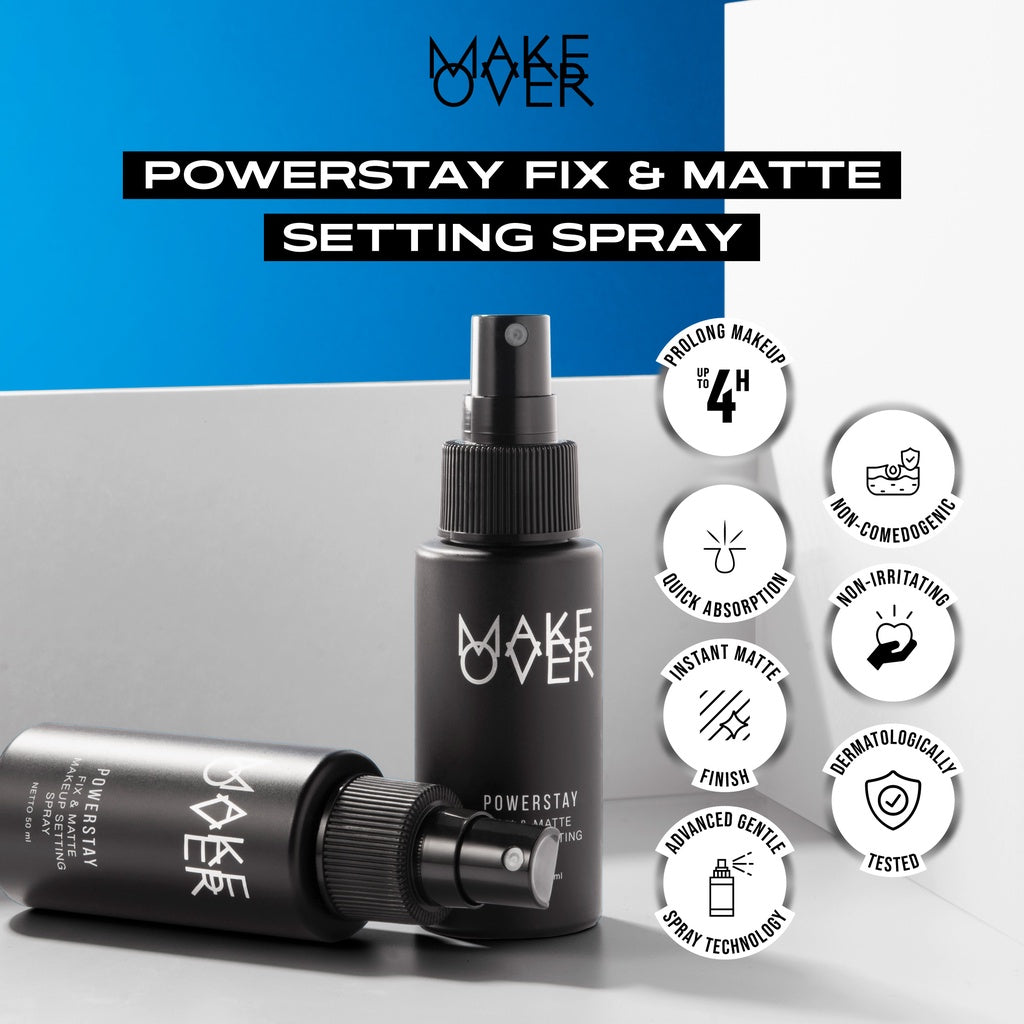 MAKE OVER Powerstay Fix & Matte Setting Spray - Makeup Tahan Lebih Lama Matte Finish Tidak Luntur Nyaman Makeup Tidak Lengket Ringan Hasil Matte Non-Comedogenic BEST SELLER Oil Control Fine Mist Quick Drying Formula Lebaran Raya