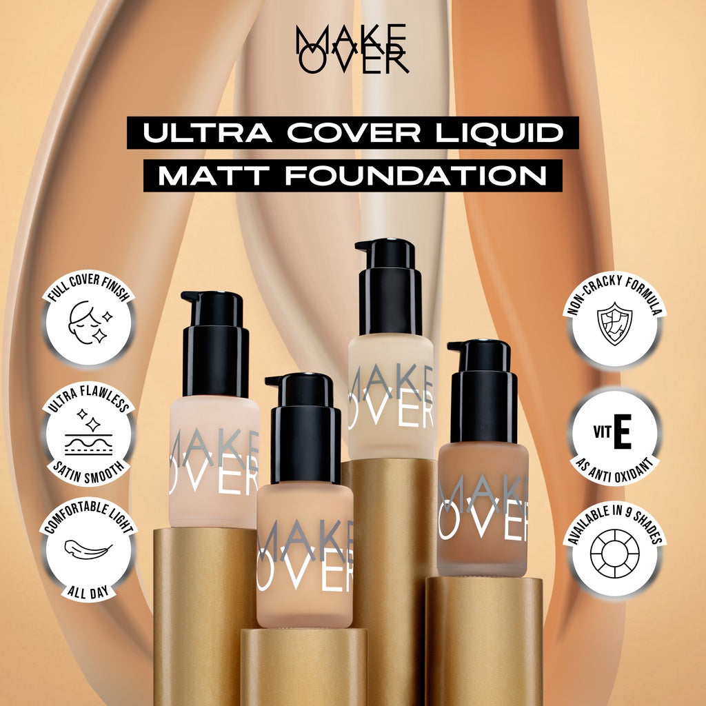 [SPECIAL MASTERSHADE] MAKE OVER Ultra Cover Liquid Matte Foundation - Foundation Cair High Coverage Wajah Flawless Finish Satin Ringan Poreless Make Up Tahan Lama Non-Comedogenic BEST SELLER Somethin Time Less w Maybe Euphoria