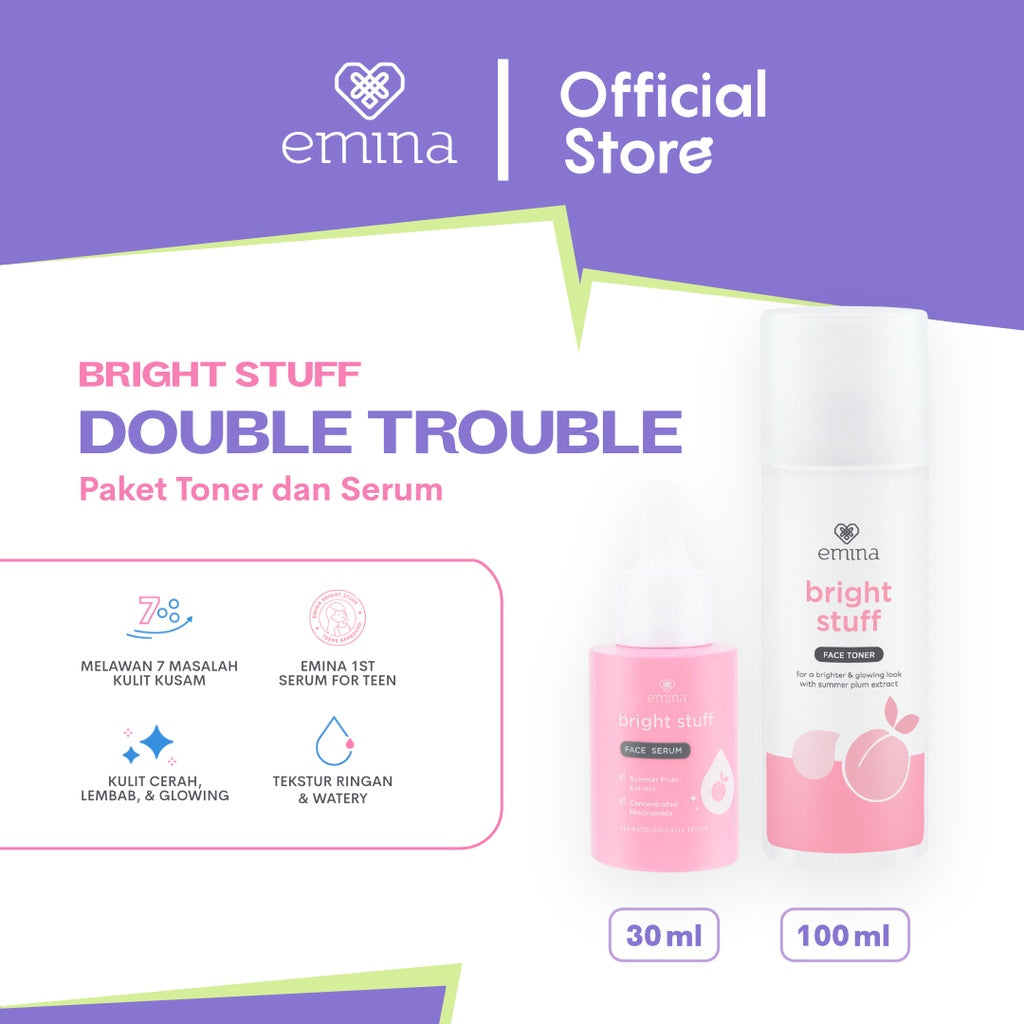 Emina Bright Stuff Double Trouble Package - Paket Perawatan Toner dan Serum Mencerahkan