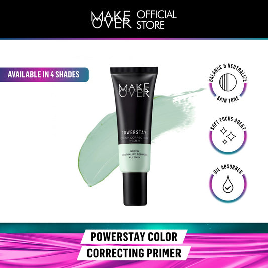 MAKE OVER POWERSTAY Color Correcting Primer - Primer menetralkan warna wajah mencerahkan menghilangkan kemerahan tahan lama hasil matte cocok sebelum makeup hijau ungu oranye kuning