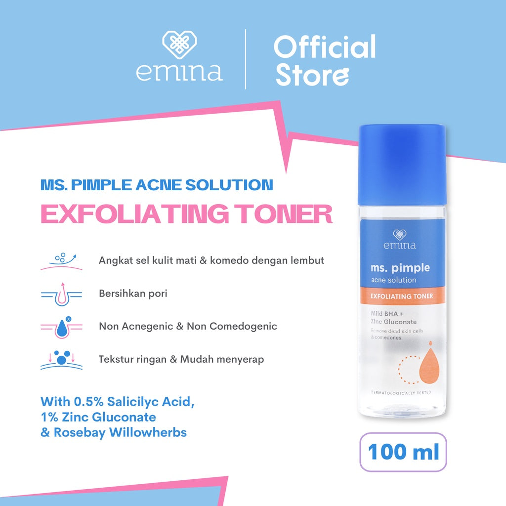 Emina Ms. Pimple Acne Solution Exfoliating Toner 100 mL - Angkat Sel Kulit Mati dan Komedo, Atasi Jerawat dalam 7 Hari!