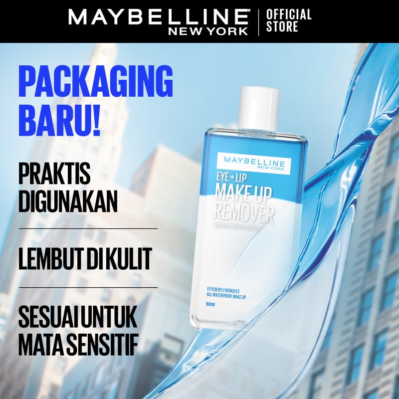 MAYBELLINE OFFICIAL Lip & Eye Makeup Remover - 70/150 ml | Mudah Hapus Make Up Waterproof Cocok Untuk Mata Sensitif Lembut di Kulit | 150ml