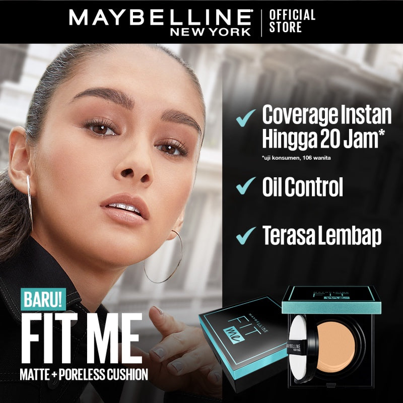 MAYBELLINE OFFICIAL Fit Me Matte+Poreless Cushion Foundation 14gr - Makeup Ringan Full Coverage Oil Control tahan hingga 20HR