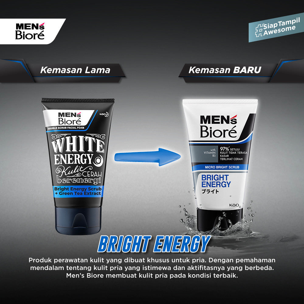 Men's Biore Micro Scrub Sabun Muka Pria Untuk Kulit Kusam Bright Energy Eksfoliasi 100 gr - Facial Wash