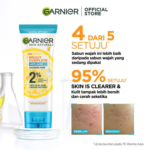 [PAKET HEMAT ISI 2] GARNIER Facial Wash Bright Complete 3in1 Anti Acne Cleanser Face Wash 100ml | Skincare Pembersih Wajah lawan jerawat sabun cuci muka sabun muka glowing dan memutihkan