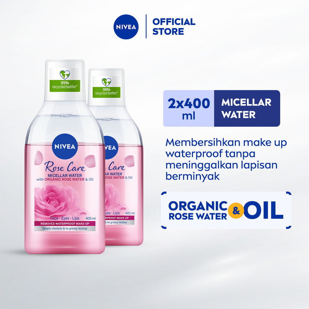 (PAKET HEMAT ISI 2) NIVEA Micellar Water in Oil Rose Care Organic Rose Water 400ml - Pembersih make up makeup remover mencerahkan kulit kusam membersihkan wajah oil double cleansing melembabkan kulit kering air mawar - Hokkaido Rose Extract, 0% Alcohol