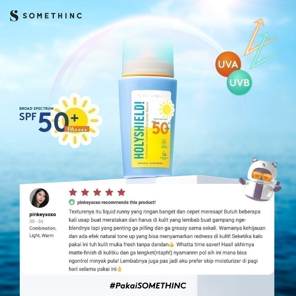 [In Vivo & In Vitro Certified] SOMETHINC Holyshield! Sunscreen Comfort Corrector Serum SPF 50+ PA++++  - Sunscreen Kulit Jerawat, Tone Up Sunscreen, Mineral Sunscreen