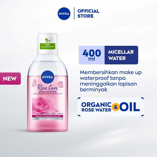 NIVEA Micellar Water in Oil Rose Care Organic Rose Water 400ml - Pembersih make up makeup remover mencerahkan kulit kusam membersihkan wajah oil double cleansing melembabkan kulit kering air mawar - Hokkaido Rose Extract, 0% Alcohol