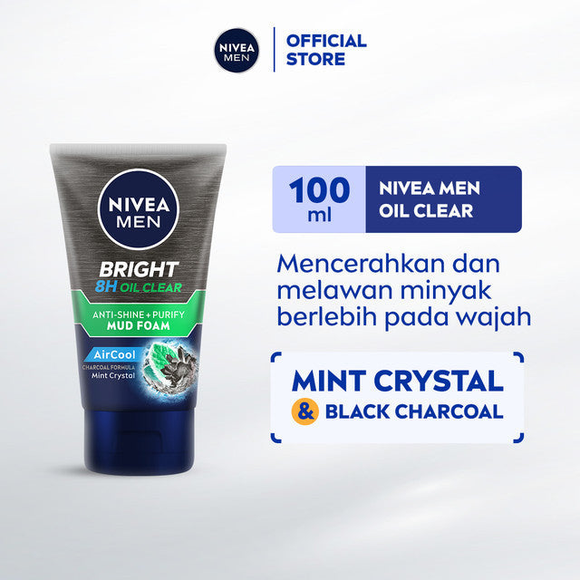 NIVEA MEN Facial Foam Bright Oil Clear Anti Shine + Purify Cooling 100ml - Sabun cuci muka pria mencerahkan minyak berlebih berminyak kulit kusam facial wash pembersih wajah cerah dingin mengecilkan pori komedo - Black Charcoal, Mint Crystal