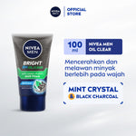 NIVEA MEN Facial Foam Bright Oil Clear Anti Shine + Purify Cooling 100ml - Sabun cuci muka pria mencerahkan minyak berlebih berminyak kulit kusam facial wash pembersih wajah cerah dingin mengecilkan pori komedo - Black Charcoal, Mint Crystal