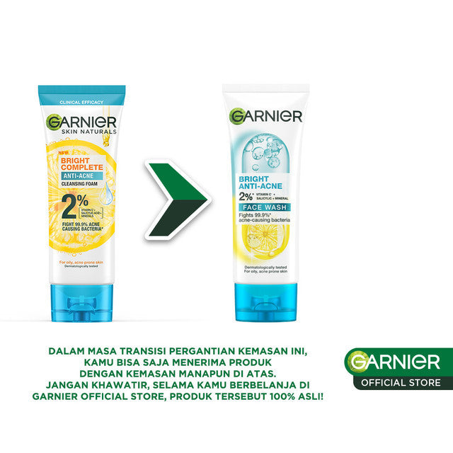[PAKET HEMAT ISI 2] GARNIER Facial Wash Bright Complete 3in1 Anti Acne Cleanser Face Wash 100ml | Skincare Pembersih Wajah lawan jerawat sabun cuci muka sabun muka glowing dan memutihkan