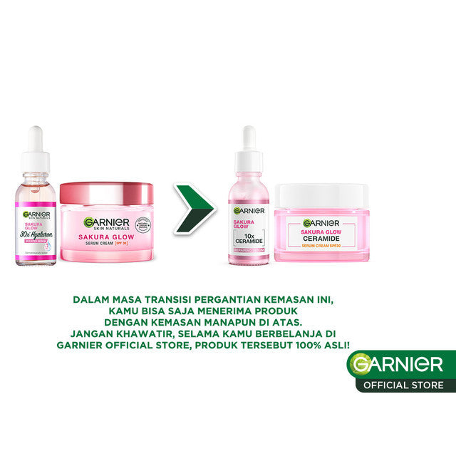 GARNIER Sakura Glow Ceramide Skin Barrier Repair Set Serum 30ml + Day Cream | Pelembab Ringan mencerahkan tone up pelembab wajah cream pemutih wajah glowing cepat