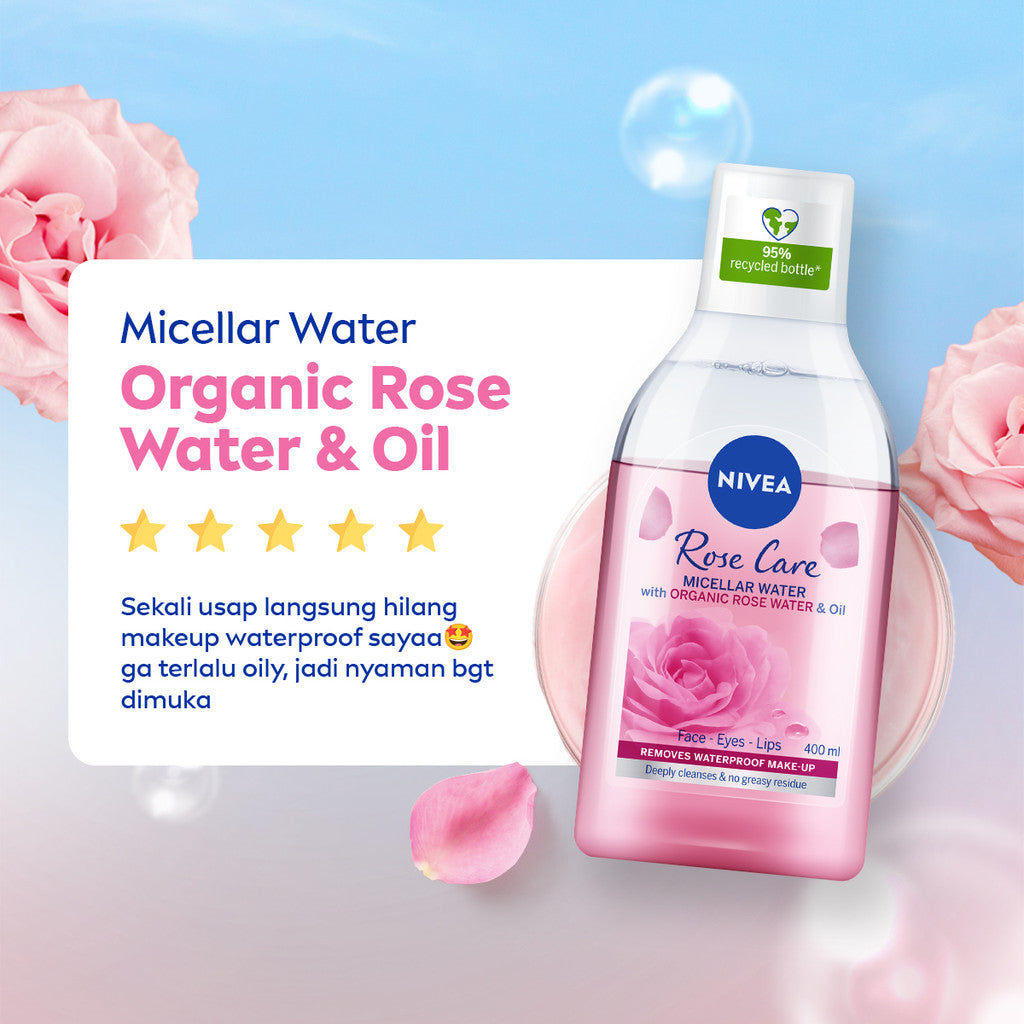 (PAKET HEMAT ISI 2) NIVEA Micellar Water in Oil Rose Care Organic Rose Water 400ml - Pembersih make up makeup remover mencerahkan kulit kusam membersihkan wajah oil double cleansing melembabkan kulit kering air mawar - Hokkaido Rose Extract, 0% Alcohol