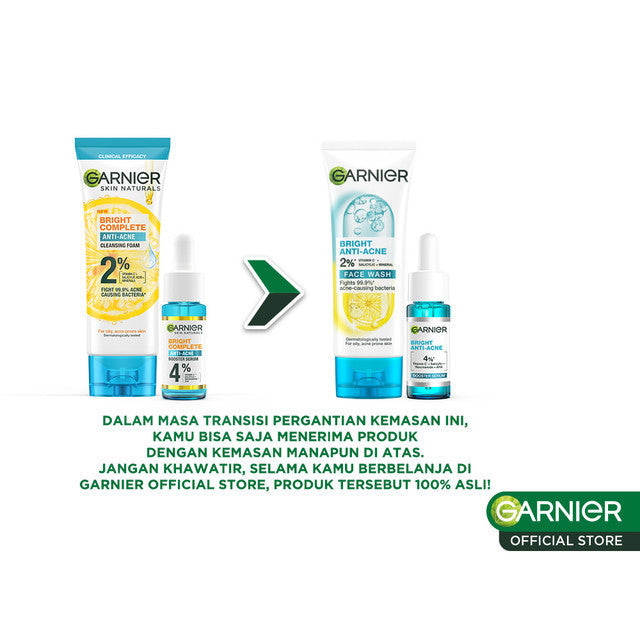Garnier Bright Complete Anti Acne Starter Kit Serum 15 ml + Foam 100 ml - Skincare Jerawat Vitamin C