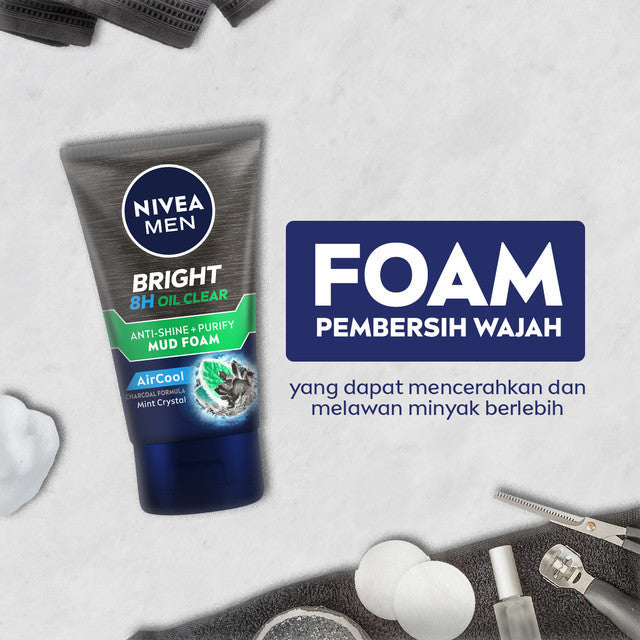NIVEA MEN Facial Foam Bright Oil Clear Anti Shine + Purify Cooling 100ml - Sabun cuci muka pria mencerahkan minyak berlebih berminyak kulit kusam facial wash pembersih wajah cerah dingin mengecilkan pori komedo - Black Charcoal, Mint Crystal