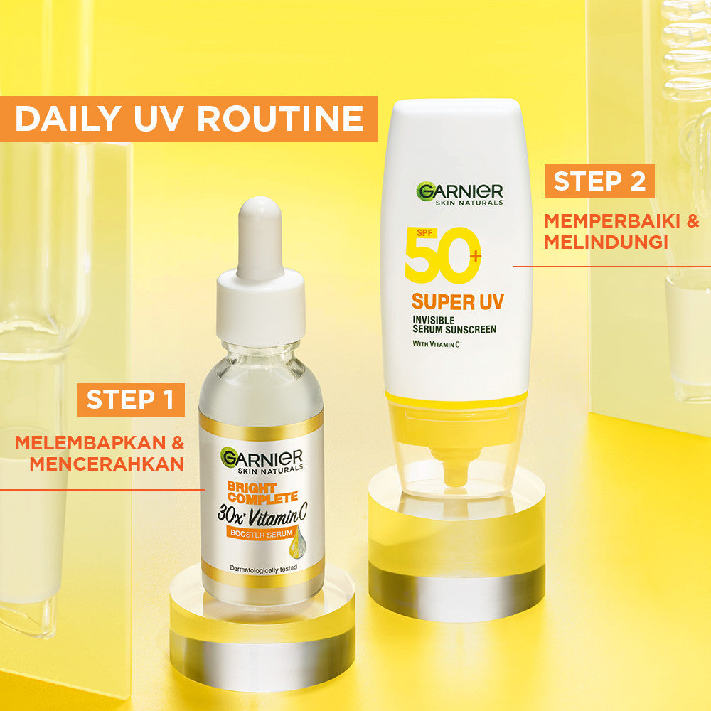 (PAKET HEMAT ISI 2) GARNIER Super UV Invisible Serum Sunscreen SPF 50+ PA++++ Vitamin C Skincare - 30ml Sunblock Mencerahkan Wajah sunscreen spf 50 pa ++++