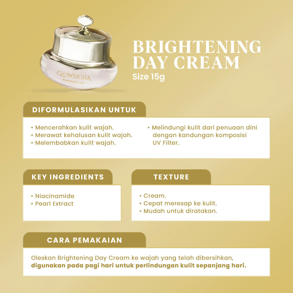 Glowsicha Bundle 2pcs (Bright Day Cream) Krim Siang Mencerahkan Niacinamide UV Filter Pearl Extract Cerah Instan Glowing Skincare Harian Lembut Halus Anti Kusam Wajah Cerah Moisturizer Krim Pagi BPOM Pemutih Kulit Siang Perawatan Lengkap