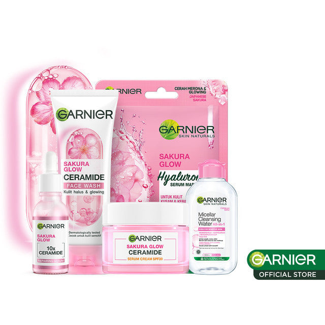 GARNIER Paket Skincare 1 Set Lengkap Sakura Glow Ceramide Skin Barrier Complete Set Hydrating | Serum Hydration Day Cream Micellar Water Facial Wash Masker Wajah