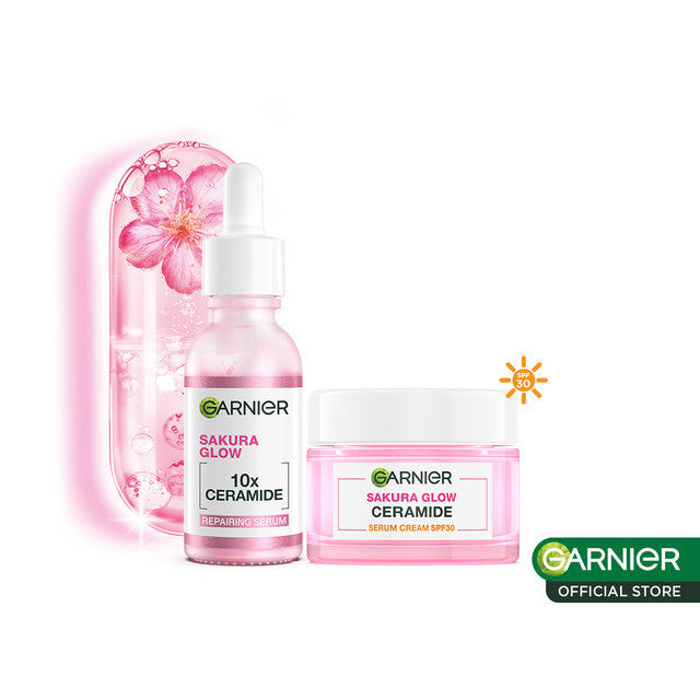 GARNIER Sakura Glow Ceramide Skin Barrier Repair Set Serum 30ml + Day Cream | Pelembab Ringan mencerahkan tone up pelembab wajah cream pemutih wajah glowing cepat