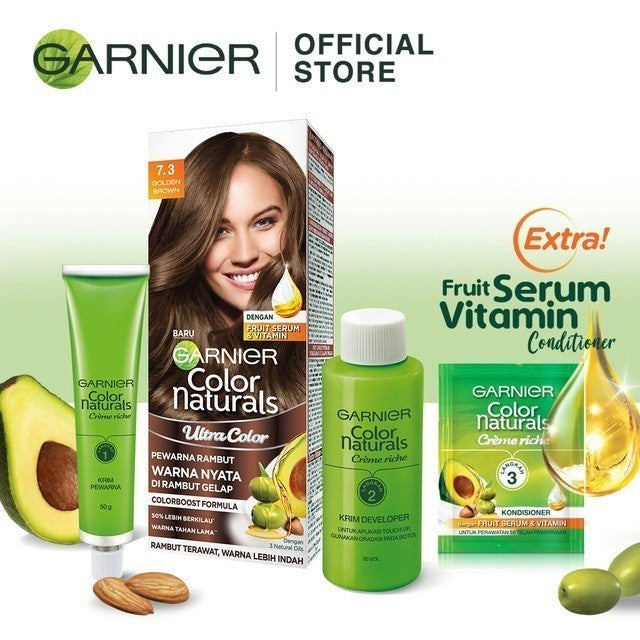 Garnier Color Naturals Hair Color - 7.3 Golden Brown (Cat / Pewarna Rambut Permanent) - Twinpack