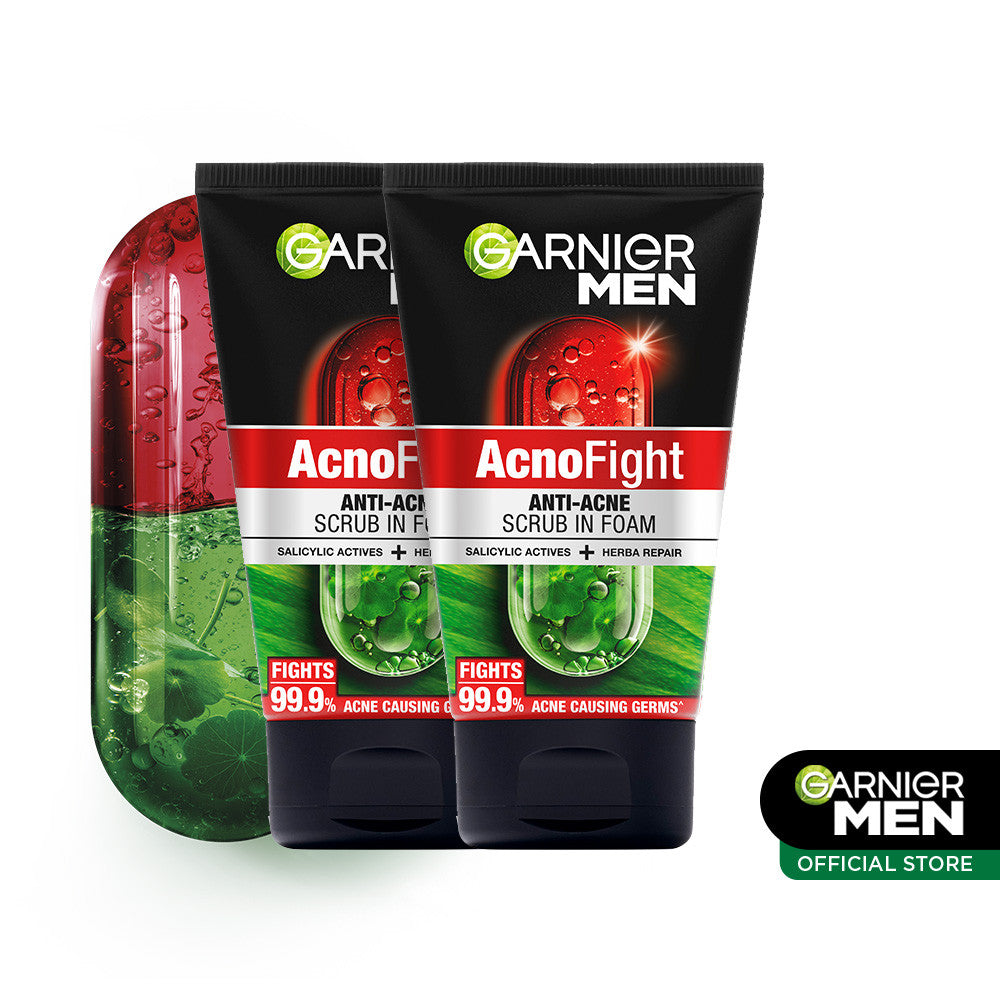 [PAKET HEMAT ISI 2] GARNIER Men Facial Wash Acno Fight Anti-Acne Scrub In Foam Skin Care 100ml Salicylic Actives + Herba Repair Skincare sabun cuci muka pria face wash pembersih wajah