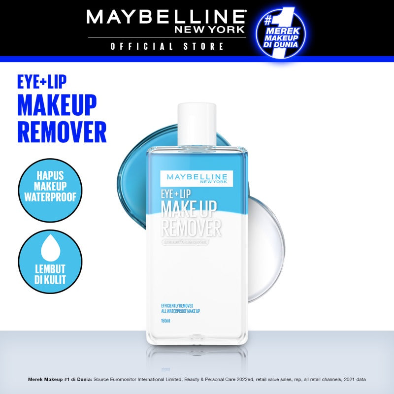 MAYBELLINE OFFICIAL Lip & Eye Makeup Remover - 70/150 ml | Mudah Hapus Make Up Waterproof Cocok Untuk Mata Sensitif Lembut di Kulit | 150ml