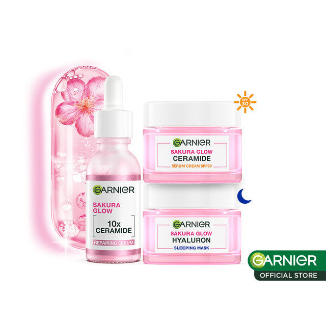 GARNIER Paket Skincare 1 Set Lengkap Sakura Glow Ceramide Skin Barrier Hydrating Daily Set Serum & Cream| Day Cream 50 ml + Night Cream 50 ml + Serum 30 ml tone up mencerahkan moisturizer pelembab
