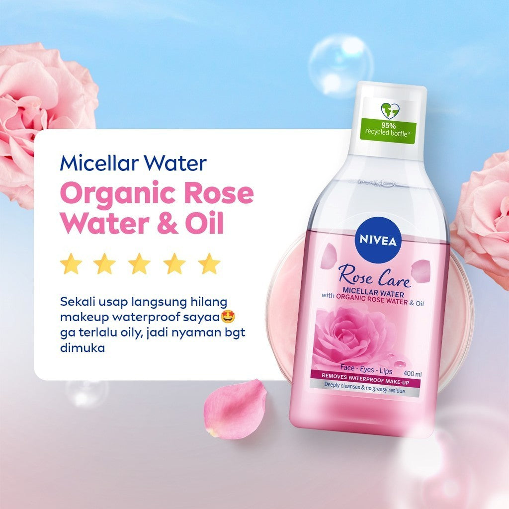 NIVEA Micellar Water in Oil Rose Care Organic Rose Water 400ml - Pembersih make up makeup remover mencerahkan kulit kusam membersihkan wajah oil double cleansing melembabkan kulit kering air mawar - Hokkaido Rose Extract, 0% Alcohol