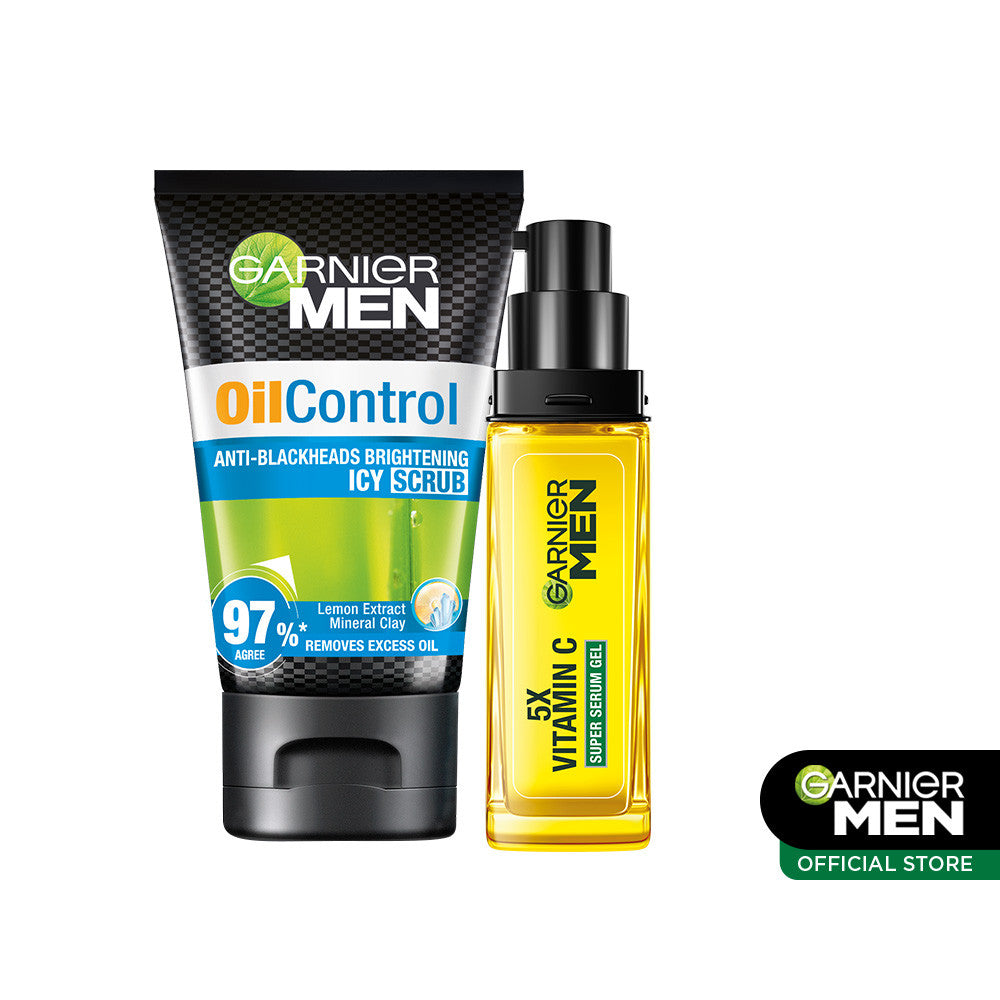 Garnier Men Brightening Simple Set Turbo Bright Super Serum Gel 30 ml + Oil Control Anti Blackheads Brightening Icy Scrub 100 ml