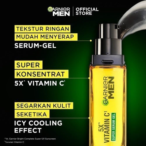 GARNIER Men Paket Skincare Mencerahkan Turbo Bright 5x Vitamin C Super Serum Gel 30ml + Super Duo Face Wash 100 ml - Mencerahkan Wajah Anti Kusam 5x Lebih Cepat
