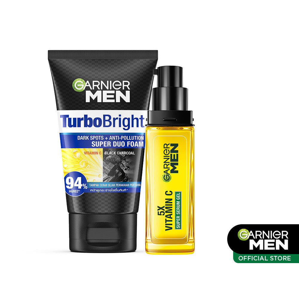 GARNIER Men Paket Skincare Mencerahkan Turbo Bright 5x Vitamin C Super Serum Gel 30ml + Super Duo Face Wash 100 ml - Mencerahkan Wajah Anti Kusam 5x Lebih Cepat