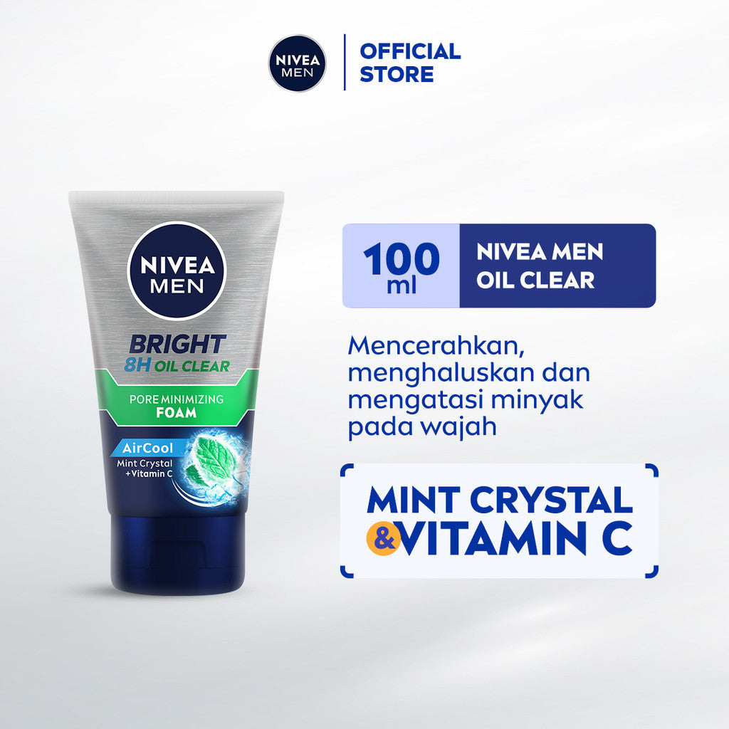 NIVEA MEN Facial Foam Bright Oil Clear Pore Minimizing Foam 100ml - Sabun cuci muka pria mencerahkan minyak berlebih berminyak kulit kusam facial wash pembersih wajah cerah mengecilkan pori komedo polusi debu kotoran - Vitamin C, Mint Crystal