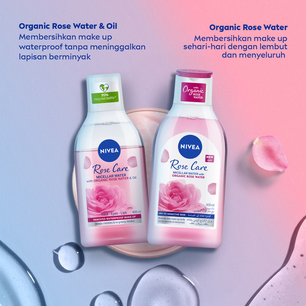 (PAKET HEMAT ISI 2) NIVEA Micellar Water in Oil Rose Care Organic Rose Water 400ml - Pembersih make up makeup remover mencerahkan kulit kusam membersihkan wajah oil double cleansing melembabkan kulit kering air mawar - Hokkaido Rose Extract, 0% Alcohol