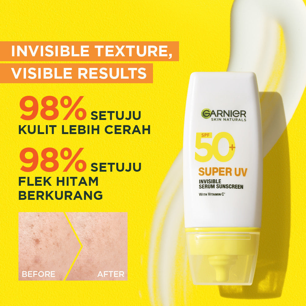 (PAKET HEMAT ISI 2) GARNIER Super UV Invisible Serum Sunscreen SPF 50+ PA++++ Vitamin C Skincare - 30ml Sunblock Mencerahkan Wajah sunscreen spf 50 pa ++++