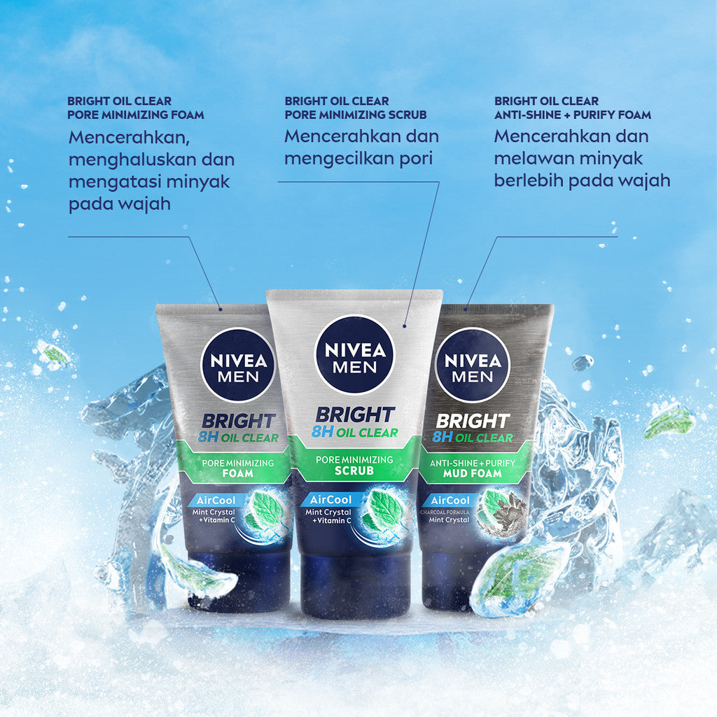 NIVEA MEN Facial Foam Bright Oil Clear Pore Minimizing Foam 100ml - Sabun cuci muka pria mencerahkan minyak berlebih berminyak kulit kusam facial wash pembersih wajah cerah mengecilkan pori komedo polusi debu kotoran - Vitamin C, Mint Crystal