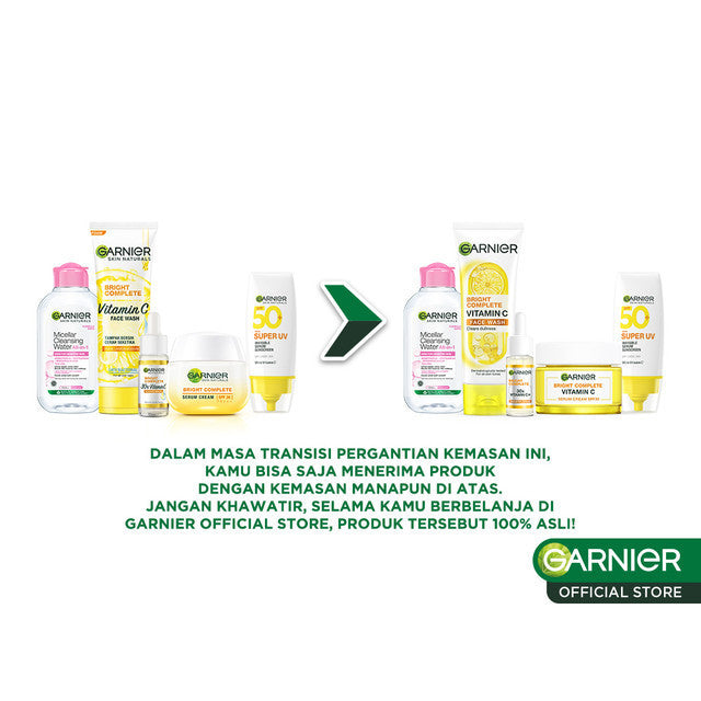 (PAKET HEMAT 5PCS) Bright Complete Vitamin C Day Complete Set - Micellar Pink 125ml, Foam Cleanser 100ml, Day Serum 15ml, Day Cream 50ml & Invisible Serum Sunscreen SPF 50+ PA++++ 30ml