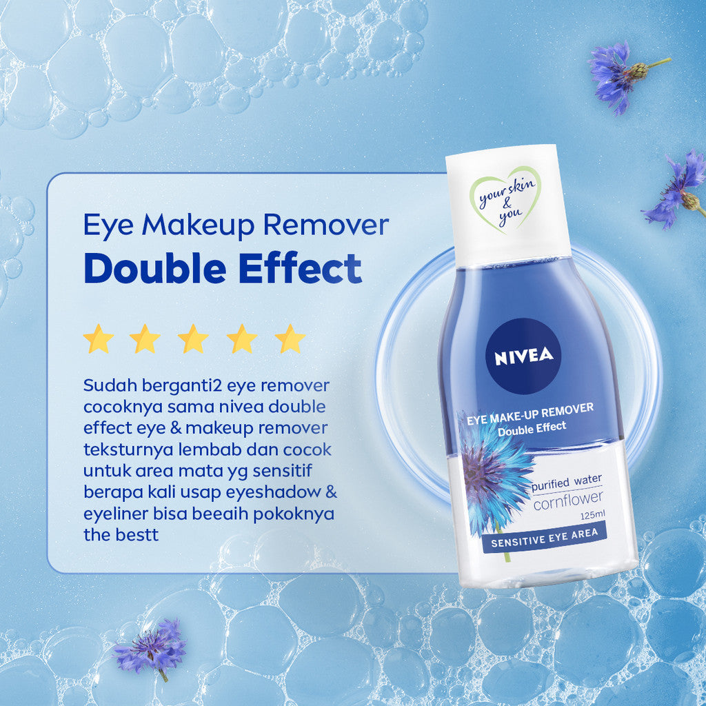NIVEA Eye Makeup Remover Double Effect 125ml - Pembersih make up mata bibir mascara make up riasan tebal waterproof tidak perih cocok untuk kulit sensitif biphase oil micellar - Corn Flower, Purified Water