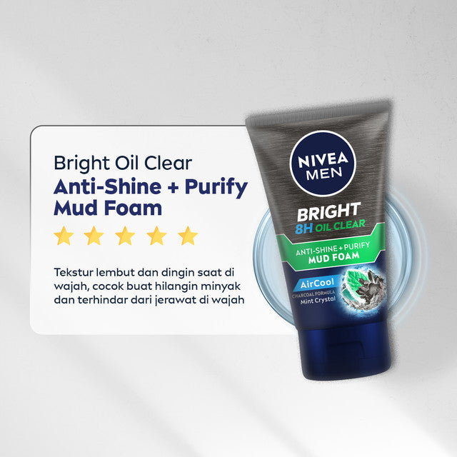 NIVEA MEN Facial Foam Bright Oil Clear Anti Shine + Purify Cooling 100ml - Sabun cuci muka pria mencerahkan minyak berlebih berminyak kulit kusam facial wash pembersih wajah cerah dingin mengecilkan pori komedo - Black Charcoal, Mint Crystal