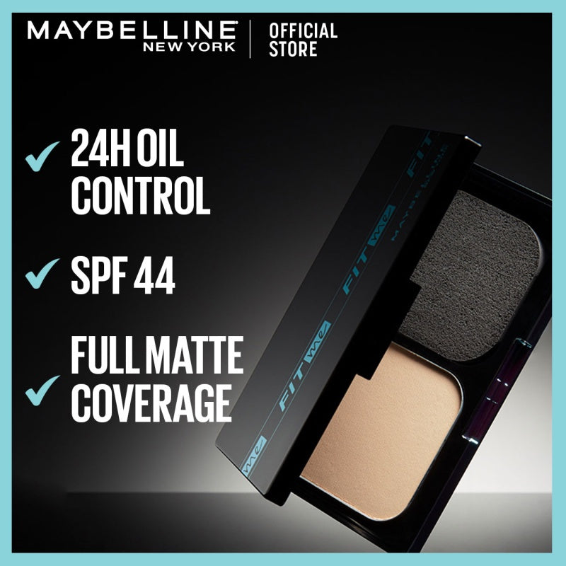 MAYBELLINE OFFICIAL Fit Me 24HR Oil Control Powder Foundation 5 gr Make up Bedak Two Way Cake TWC SPF 44 Blur & Cover Cushion Foundation Bedak Padat Concealer BB Cream Foundation Waterproof Skin Tint Fondation