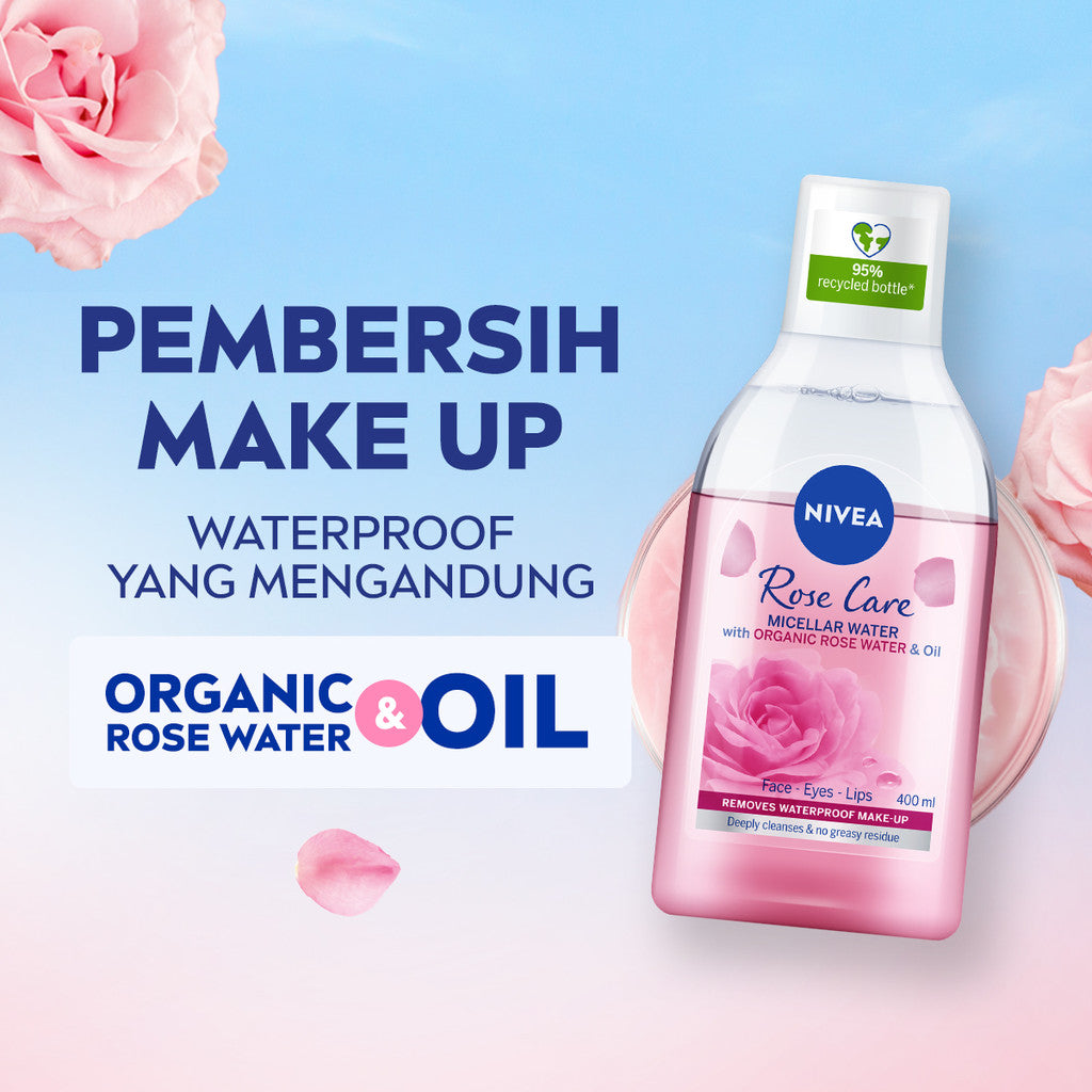 (PAKET HEMAT ISI 2) NIVEA Micellar Water in Oil Rose Care Organic Rose Water 400ml - Pembersih make up makeup remover mencerahkan kulit kusam membersihkan wajah oil double cleansing melembabkan kulit kering air mawar - Hokkaido Rose Extract, 0% Alcohol