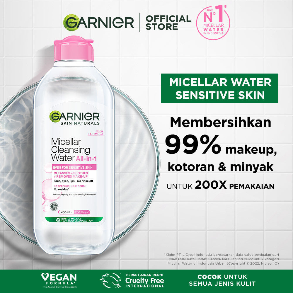 Paket Garnier 2-Step Micellar & Sunscreen Kit - Micellar Water Pink 400ml + Super UV Invisible Serum Sunscreen SPF 50+ PA++++ 30ml